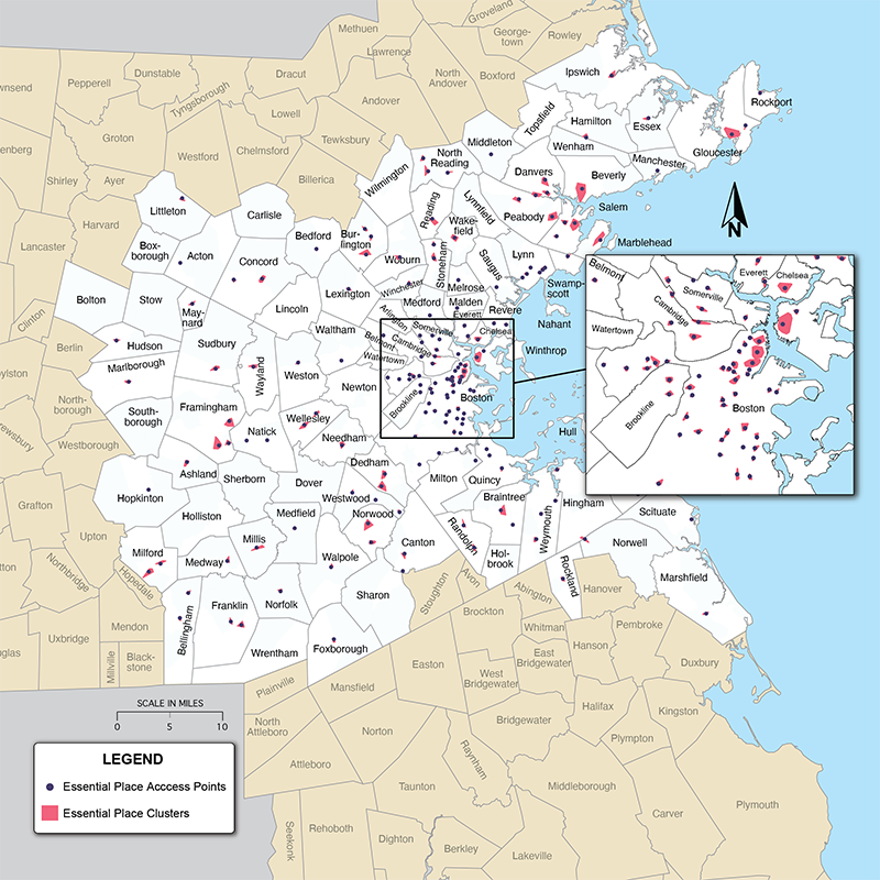 Figure 24 is a map that shows the locations of essential places in the Boston region.